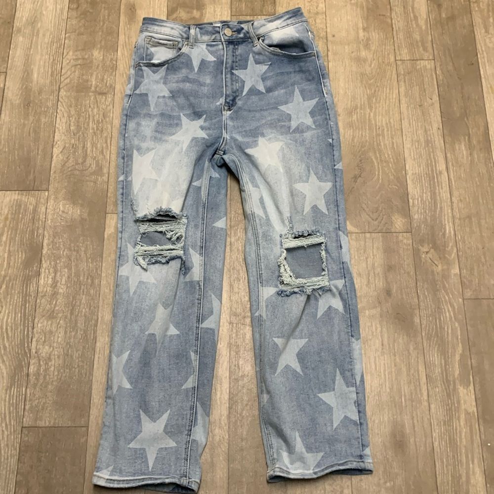 Womens Risen High Rise Starry Distressed Slouch Crop Jeans‎